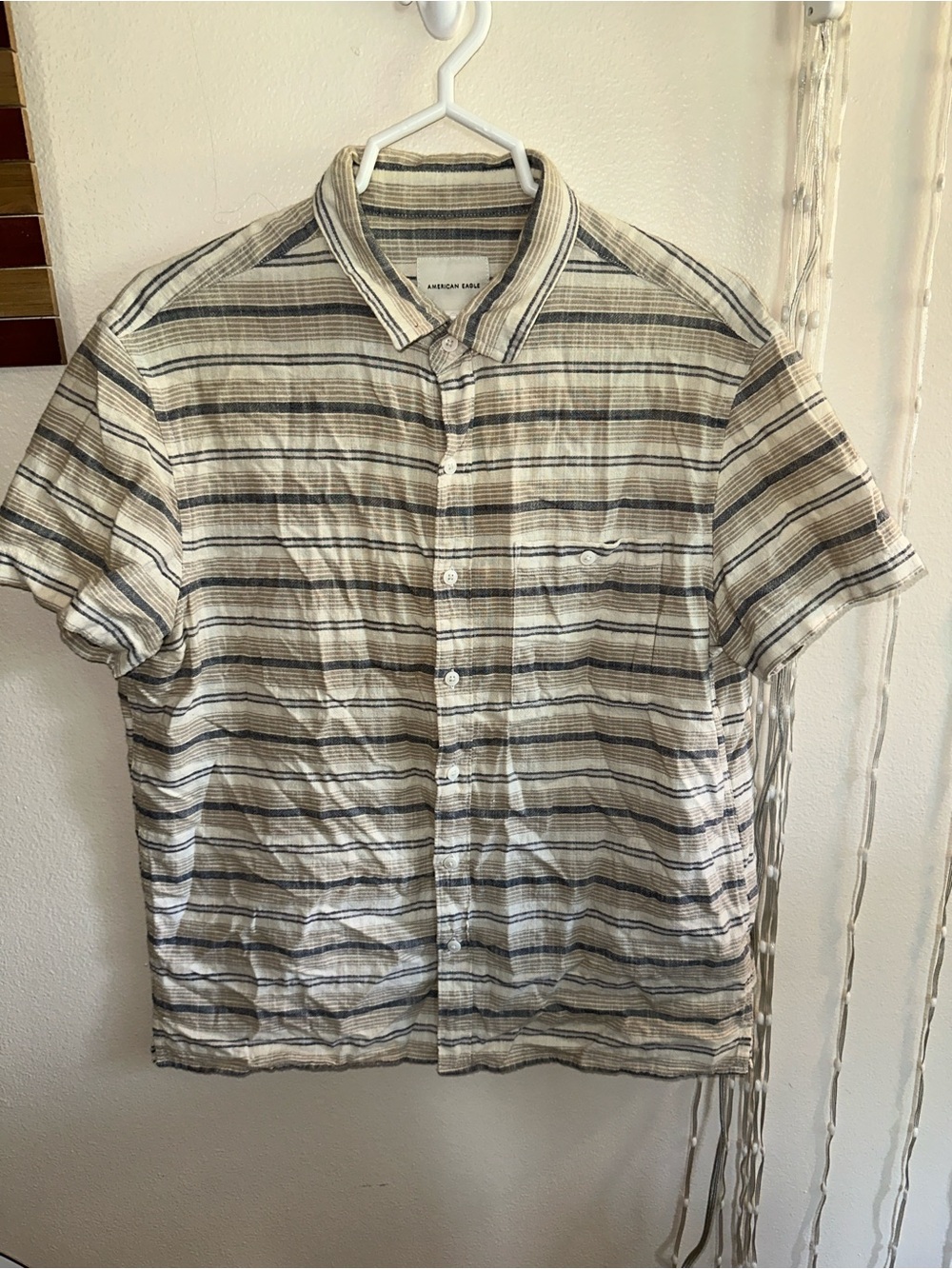 American Eagle Striped Short-Sleeve Button-Down Shirt - Beige & Blue Medium